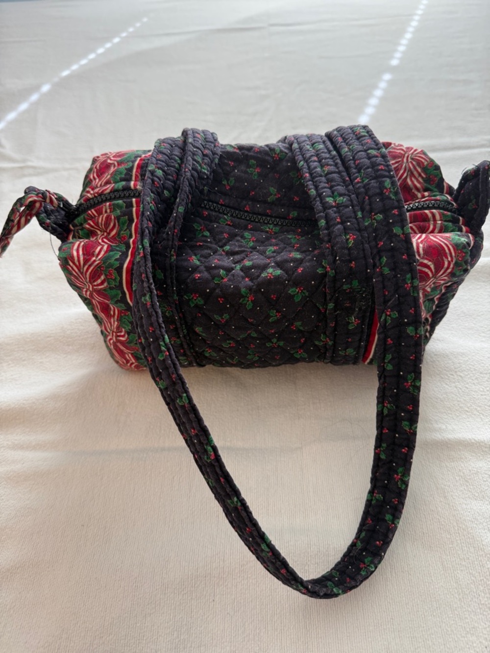 Vera Bradley Quilted Barrel Shoulder Bag - Black with Red & Green Floral Accents